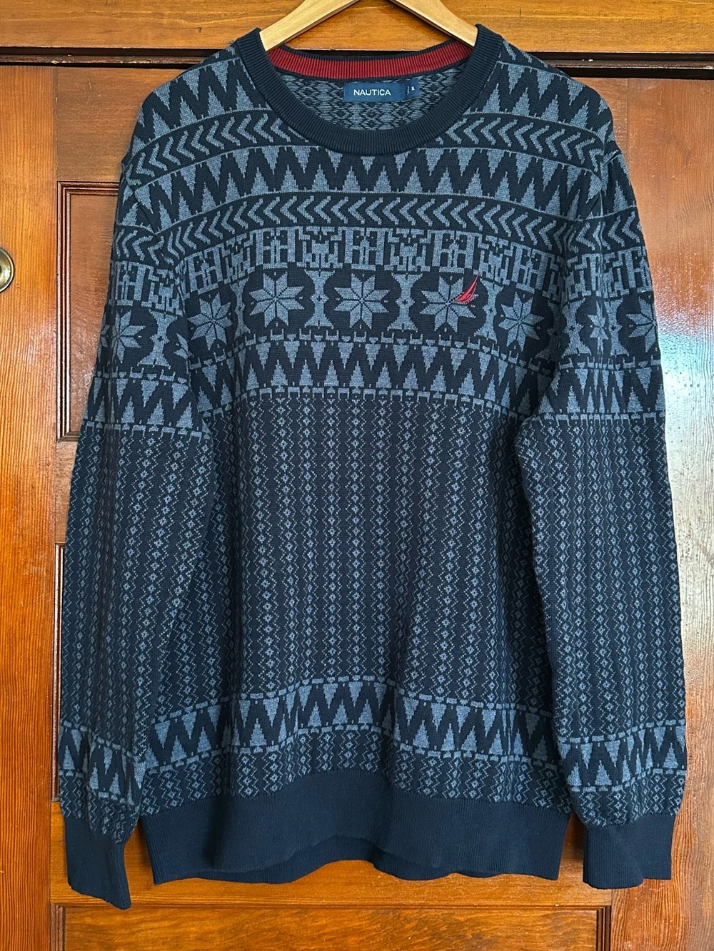 Nautica Navy Blue Crewneck Fair Isle Snowflake Knit Pullover Sweater Size XL